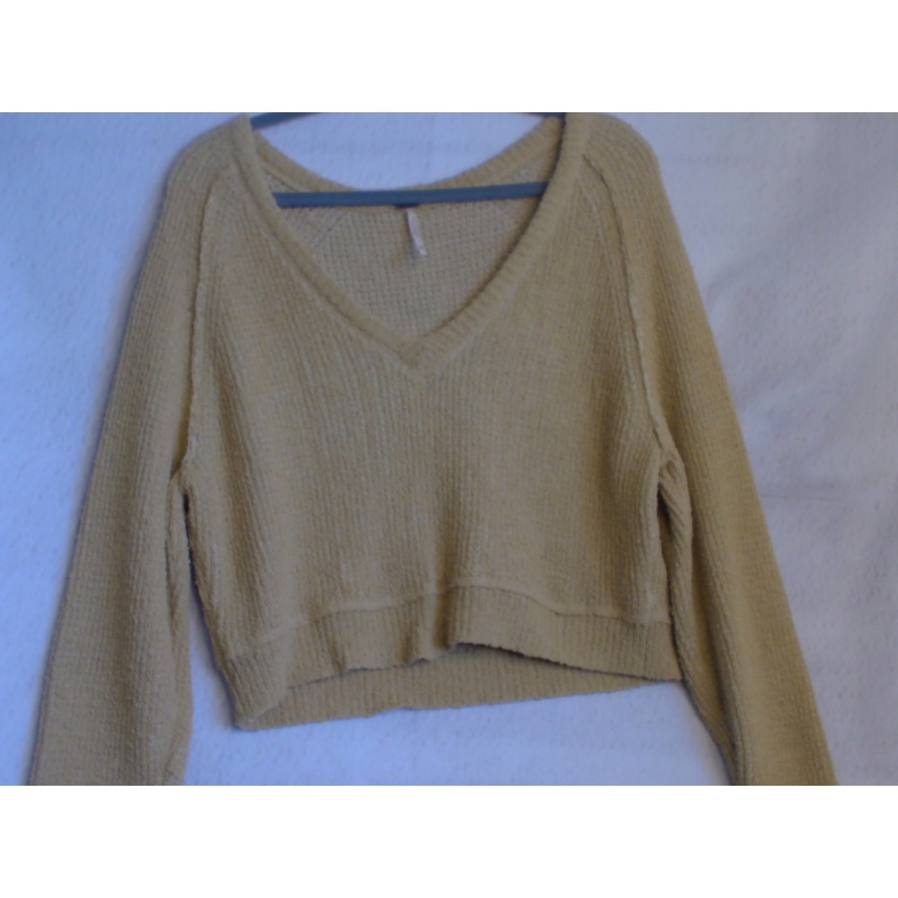 Free People Mustard Yellow V-Neck Knit Cropped Sweater XS‎ OB841249 - Picture 6 of 8